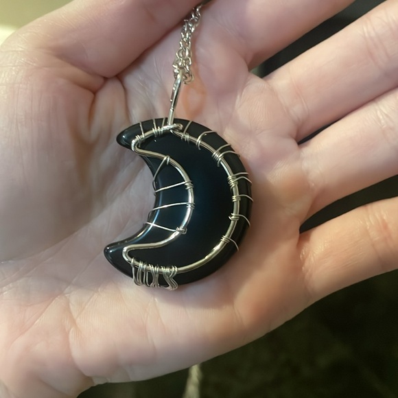 Wire wrapped Black Obsidian Crescent Moon with Tree of Life - Picture 3 of 3